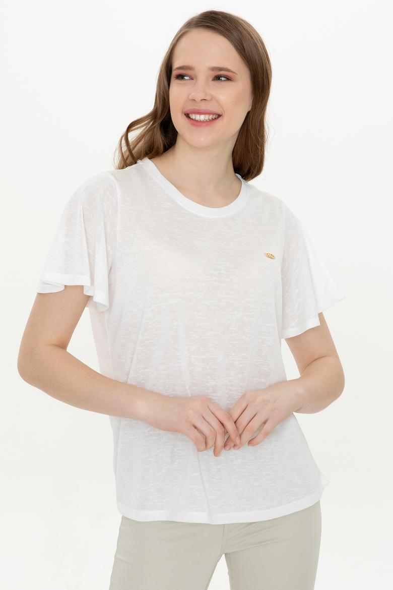 Kadın Beyaz Bisiklet Yaka Tişört - 50247099003