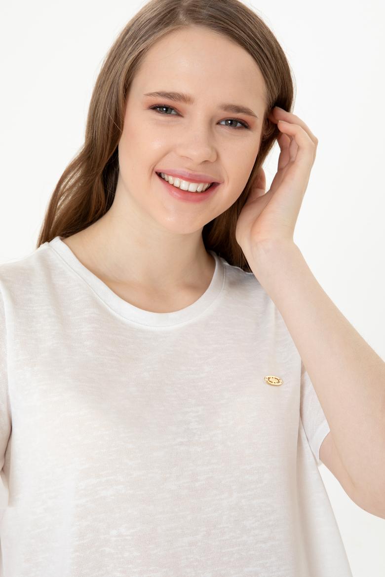 Kadın Beyaz Bisiklet Yaka Tişört - 50247099003