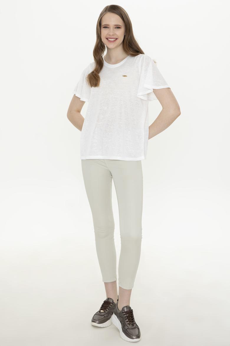 Kadın Beyaz Bisiklet Yaka Tişört - 50247099003