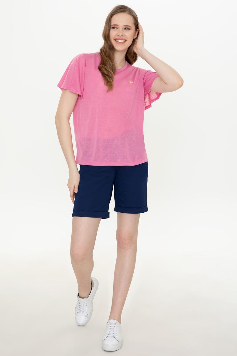 Kadın Pembe Bisiklet Yaka Tişört - 50247099022