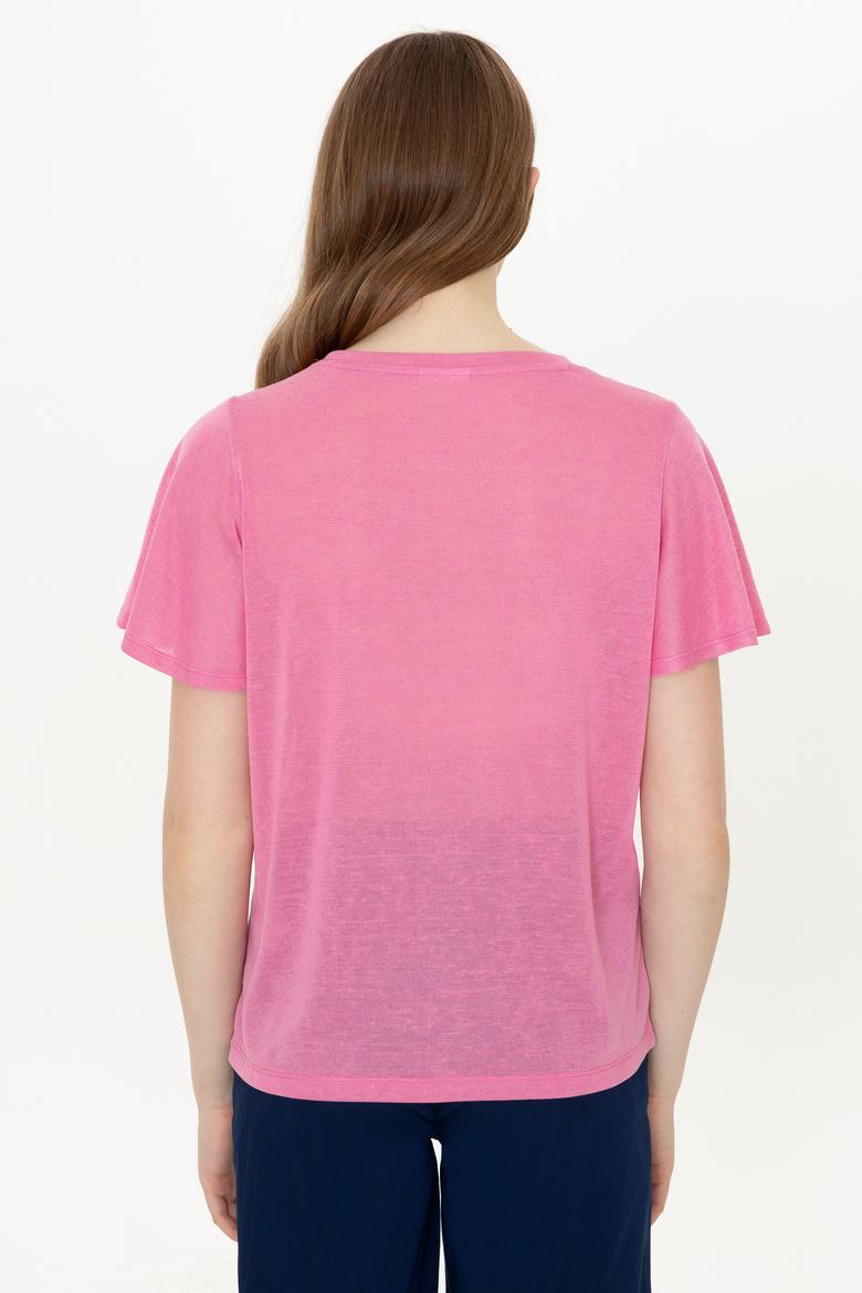 Kadın Pembe Bisiklet Yaka Tişört - 50247099022