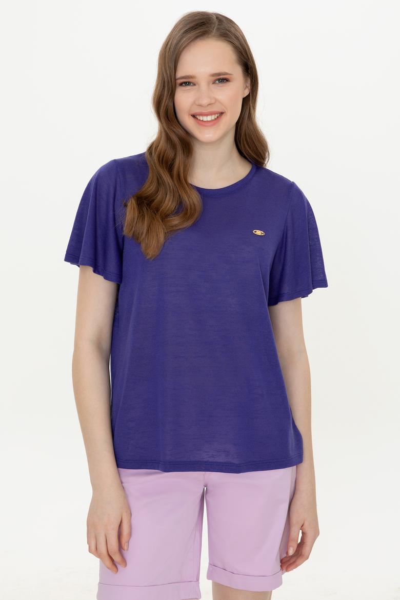 Kadın Mavi Bisiklet Yaka Tişört - 50247099037