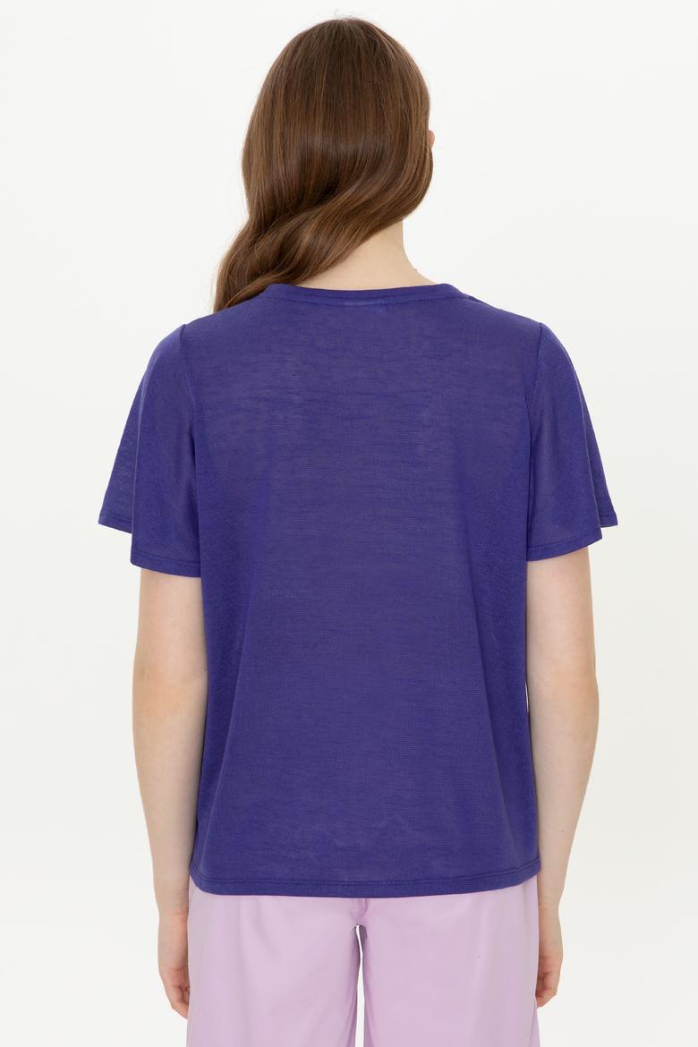 Kadın Mavi Bisiklet Yaka Tişört - 50247099037