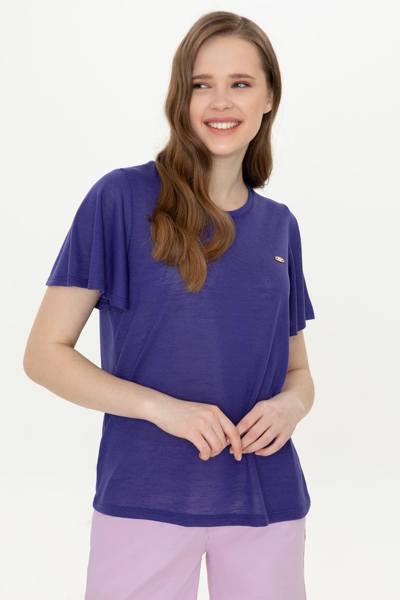 Kadın Mavi Bisiklet Yaka Tişört - 50247099037