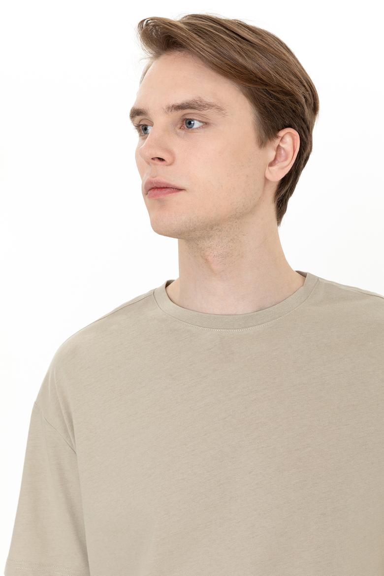 Erkek Haki Oversize Bisiklet Yaka Tişört - 50252132079