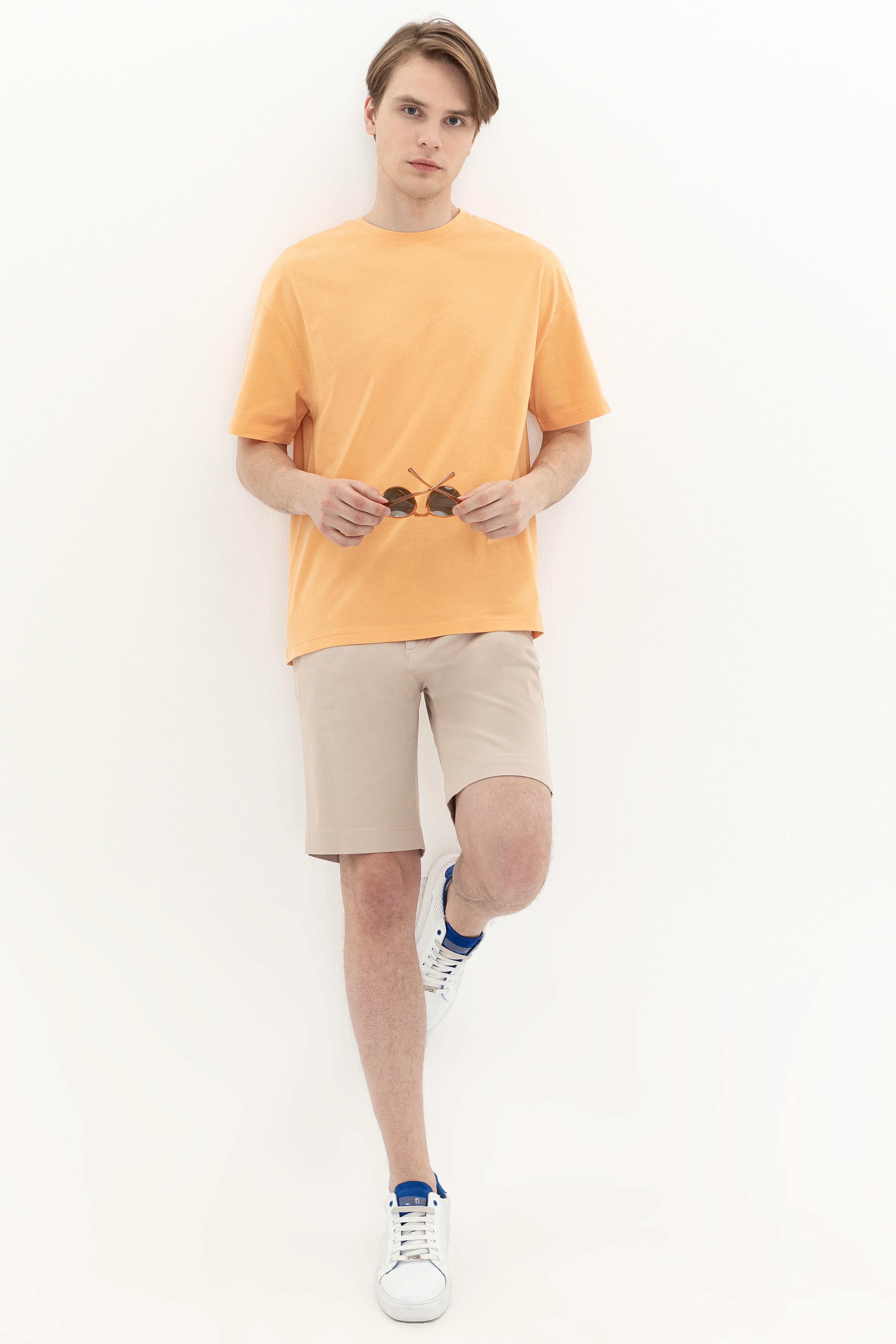 Erkek Açık Turuncu Bisiklet Yaka Oversize T-Shirt