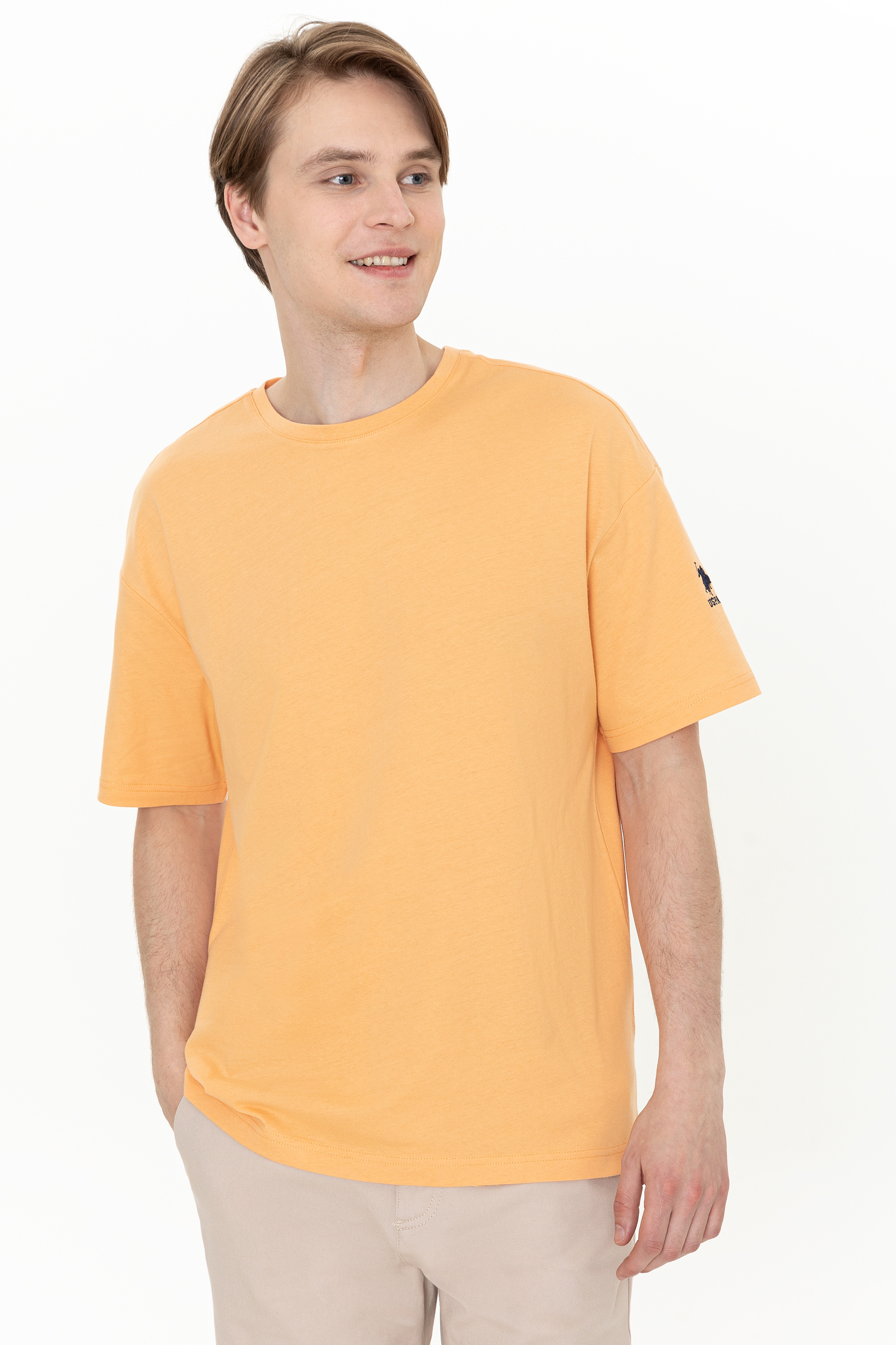 Erkek Açık Turuncu Bisiklet Yaka Oversize T-Shirt