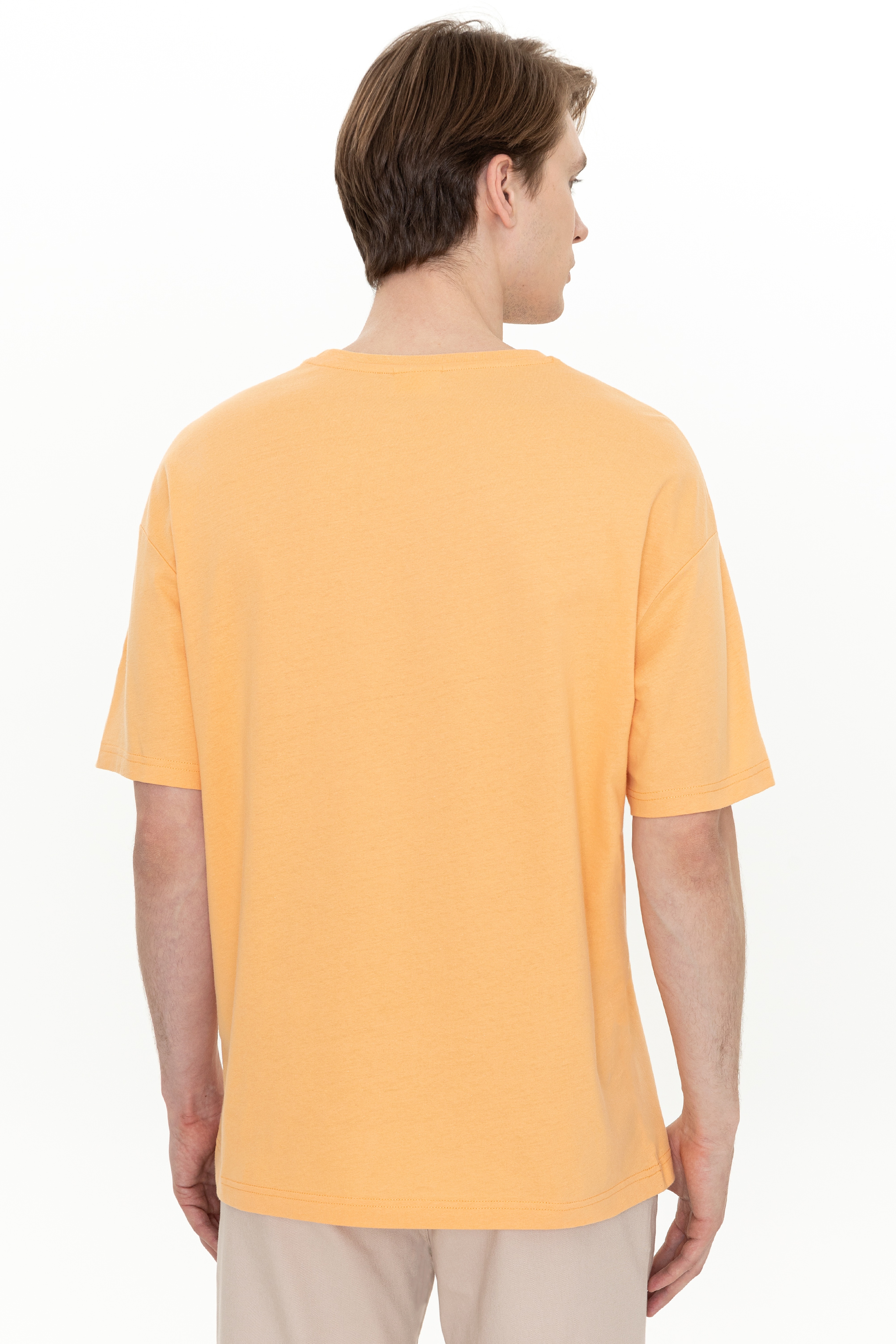 Erkek Açık Turuncu Bisiklet Yaka Oversize T-Shirt - Image 5