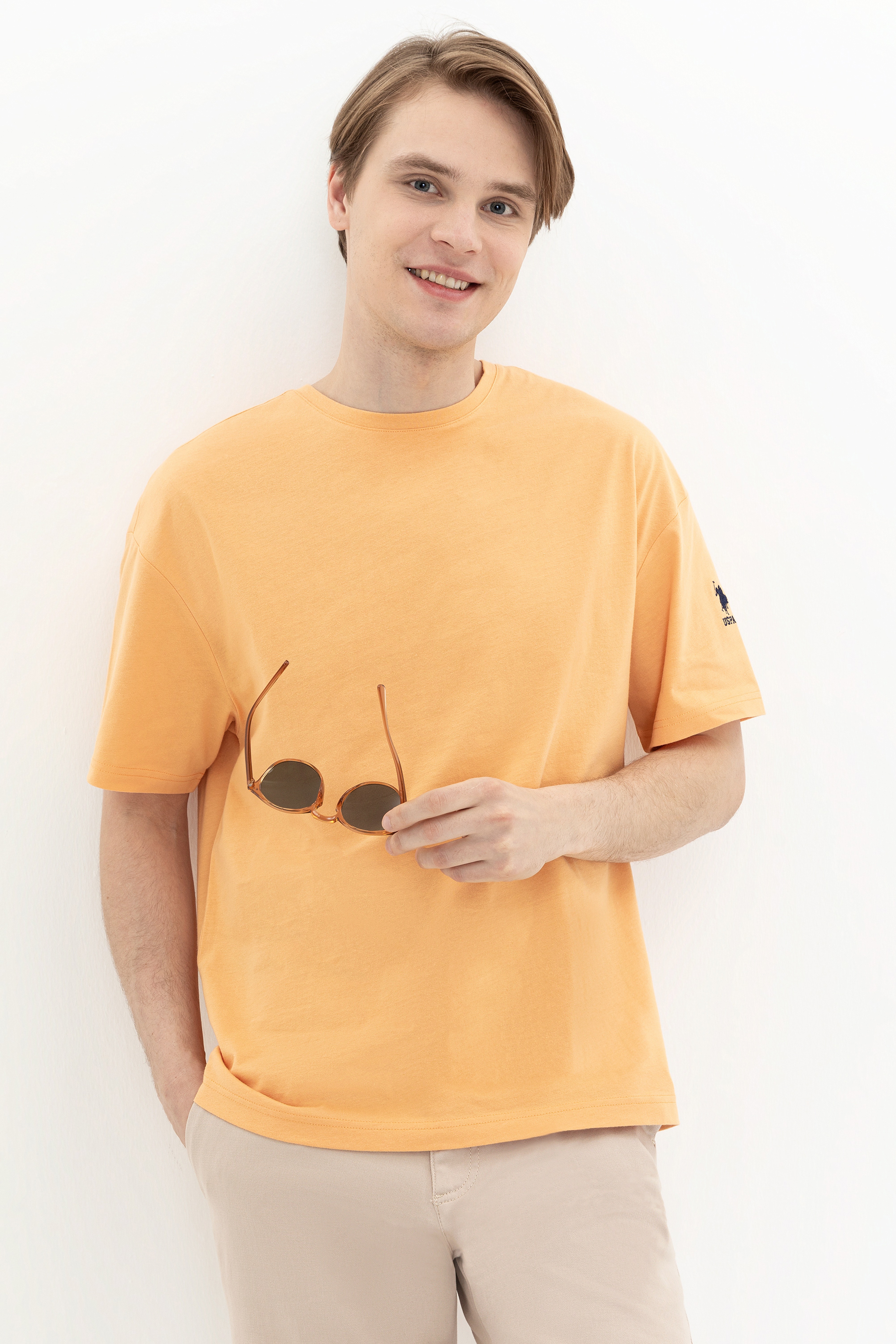 Erkek Açık Turuncu Bisiklet Yaka Oversize T-Shirt - Image 1