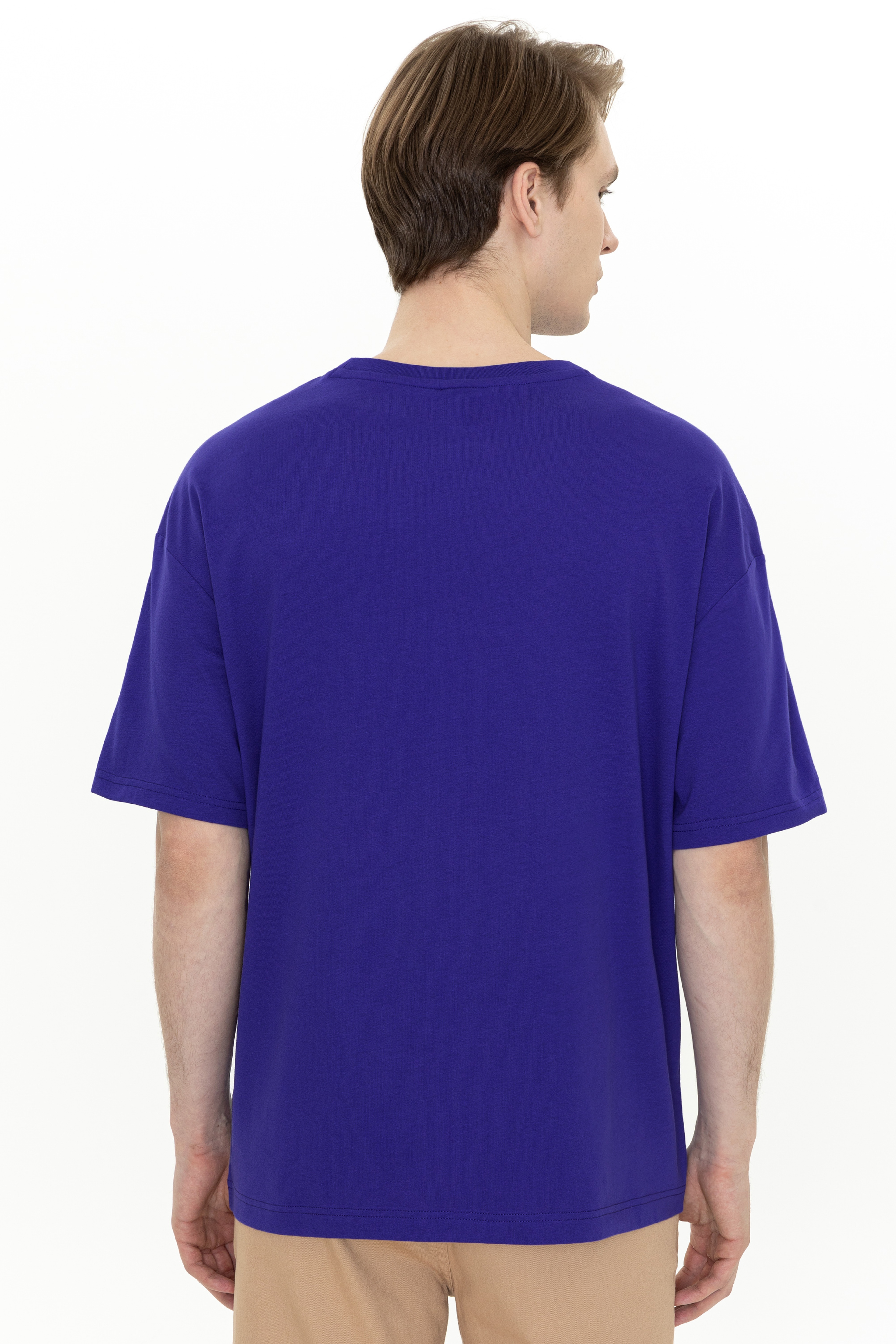 Erkek Mavi Bisiklet Yaka Oversize T-Shirt - Image 5