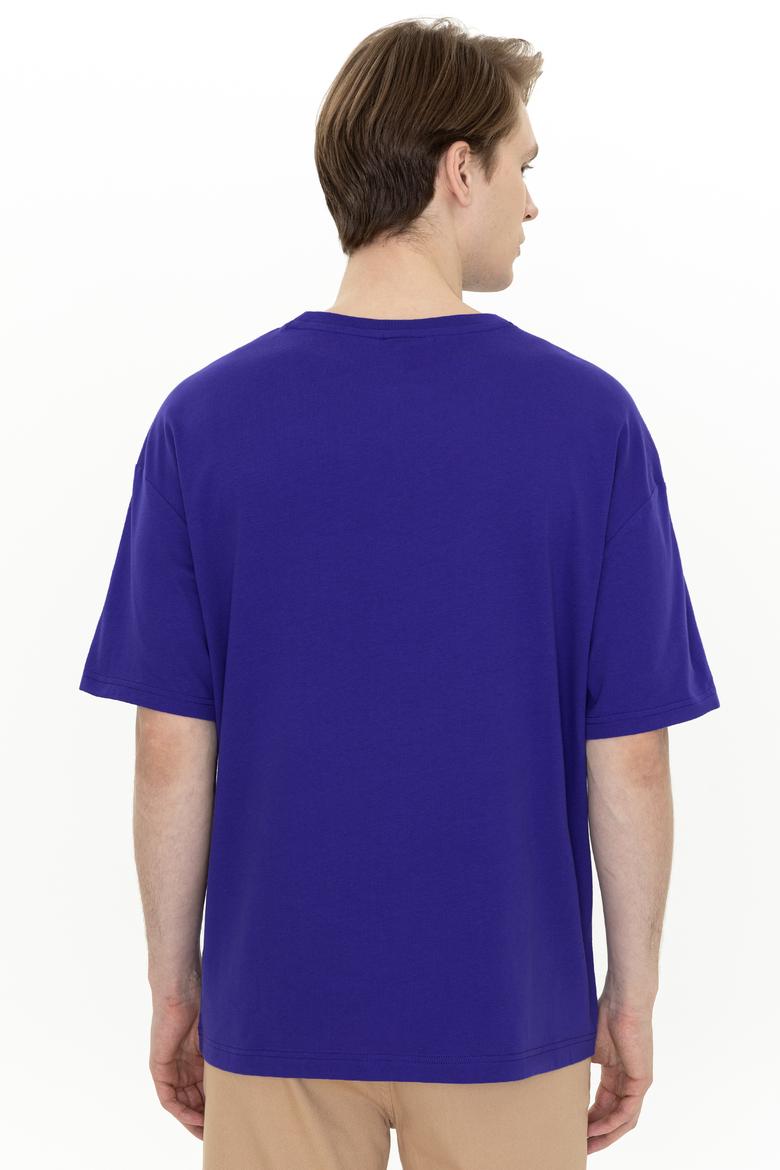 Erkek Mavi Oversize Bisiklet Yaka Tişört - 50252132099