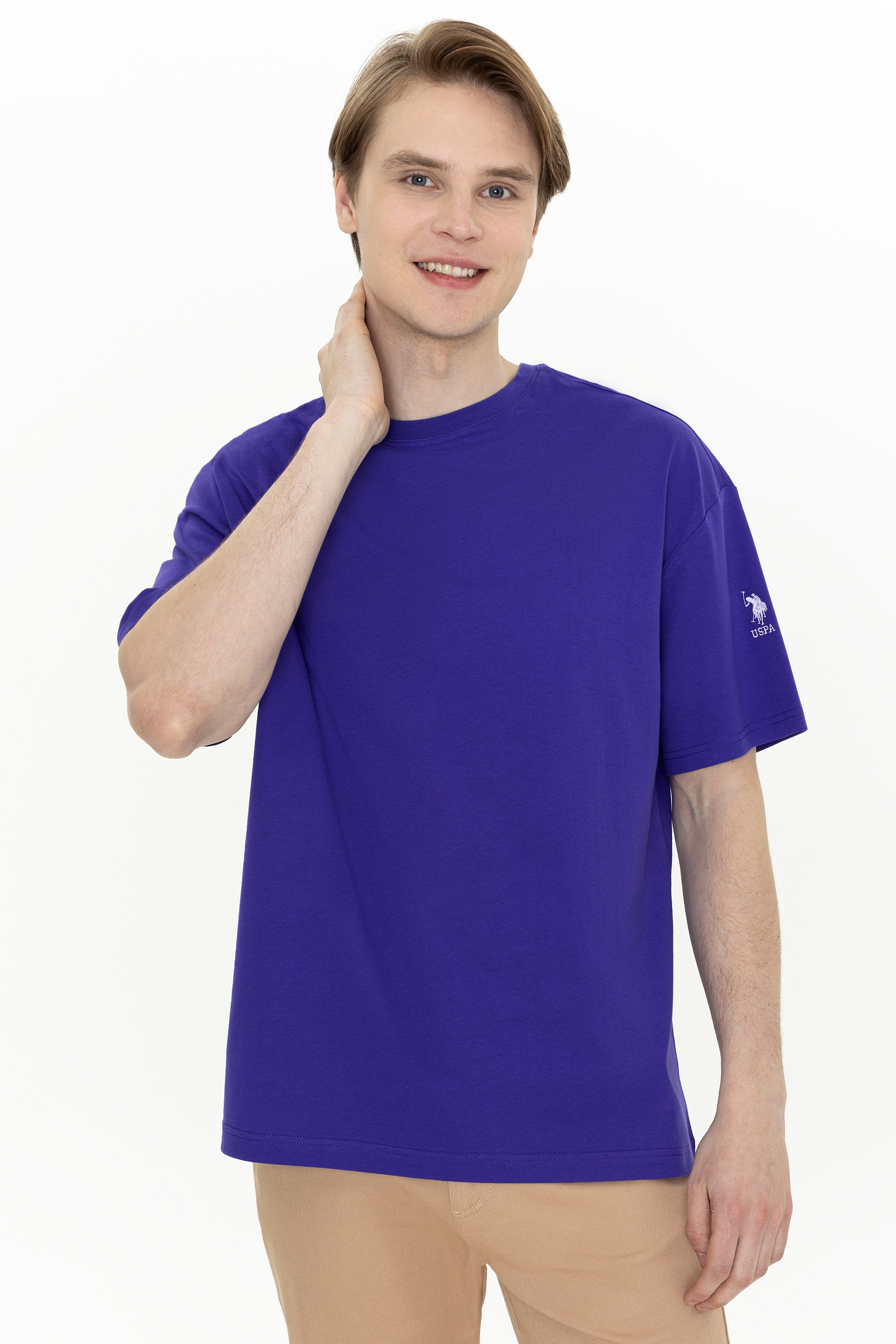 Erkek Mavi Bisiklet Yaka Oversize T-Shirt - Image 3