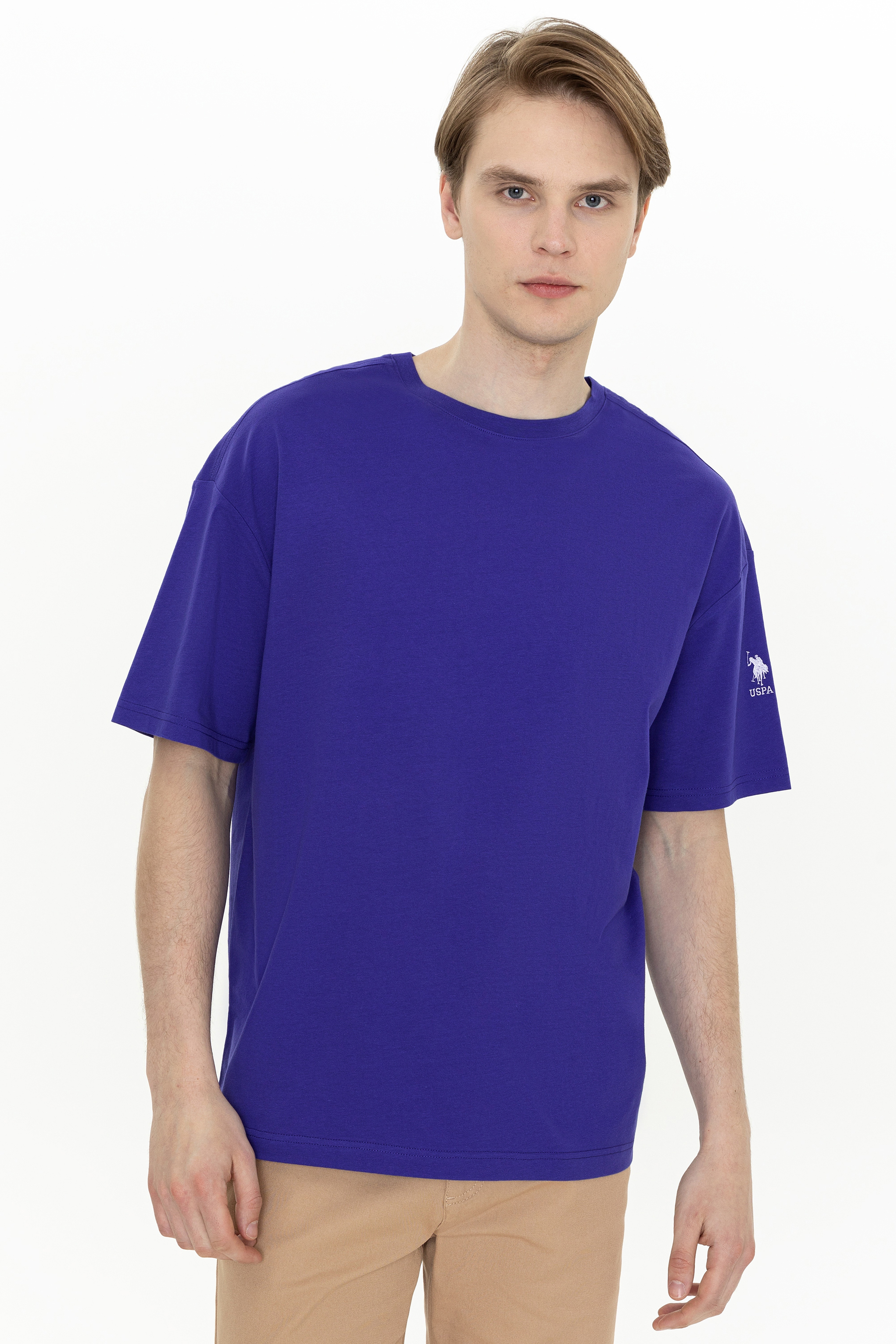 Erkek Mavi Bisiklet Yaka Oversize T-Shirt - Image 1