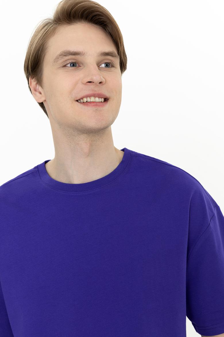 Erkek Mavi Oversize Bisiklet Yaka Tişört - 50252132099