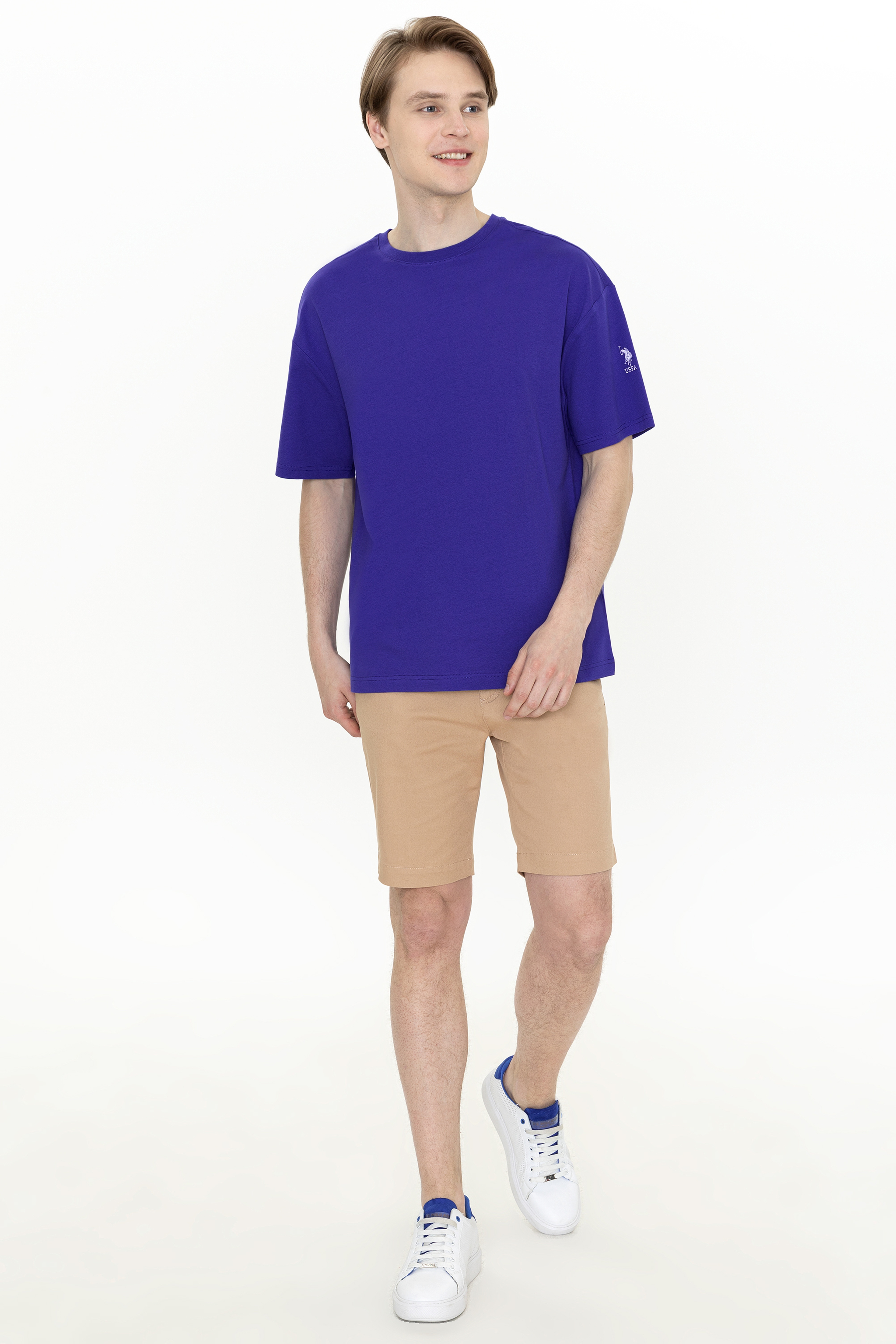 Erkek Mavi Bisiklet Yaka Oversize T-Shirt - Image 4