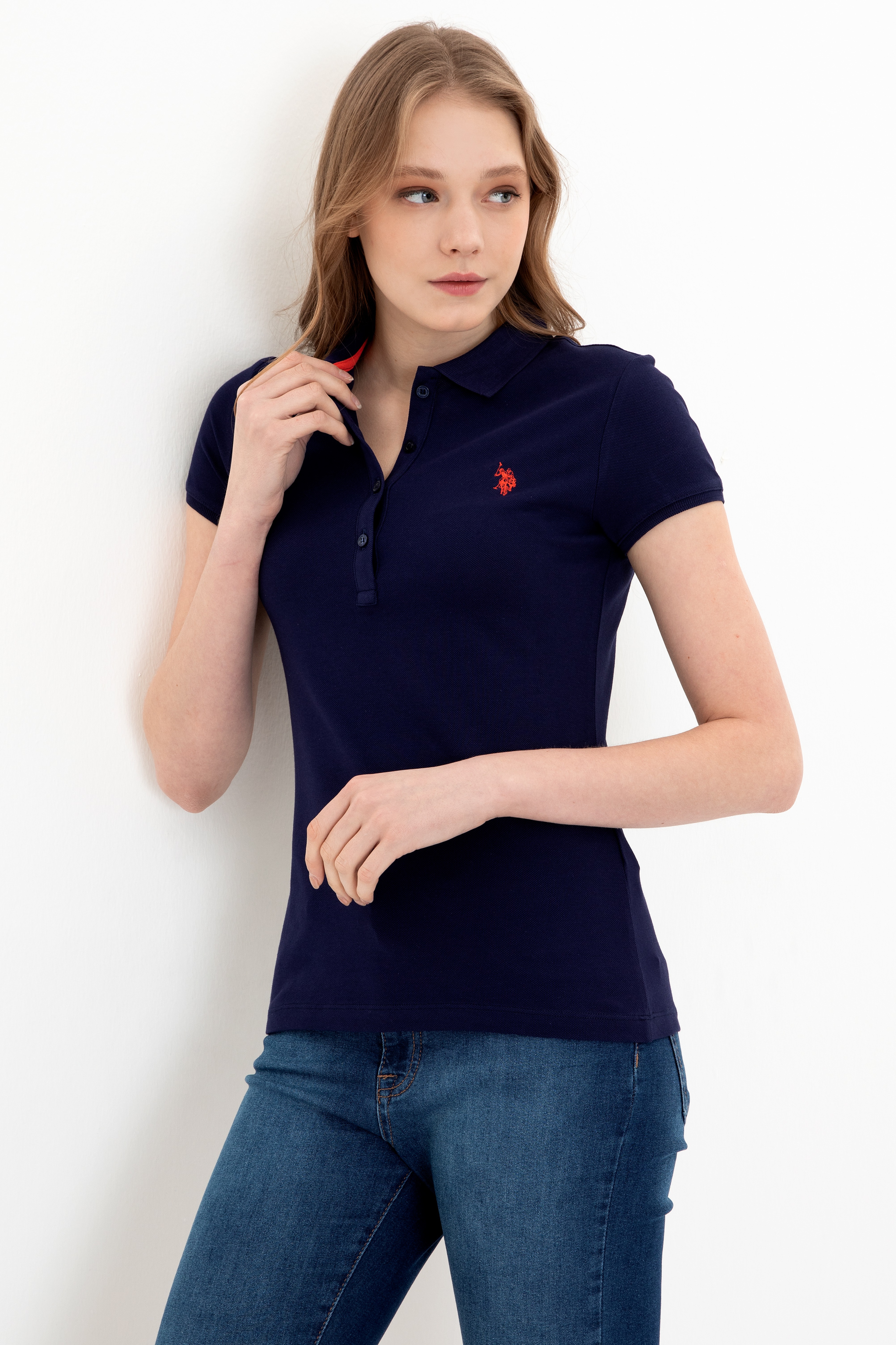 Kadın Lacivert Basic Polo Yaka Tişört - Image 3