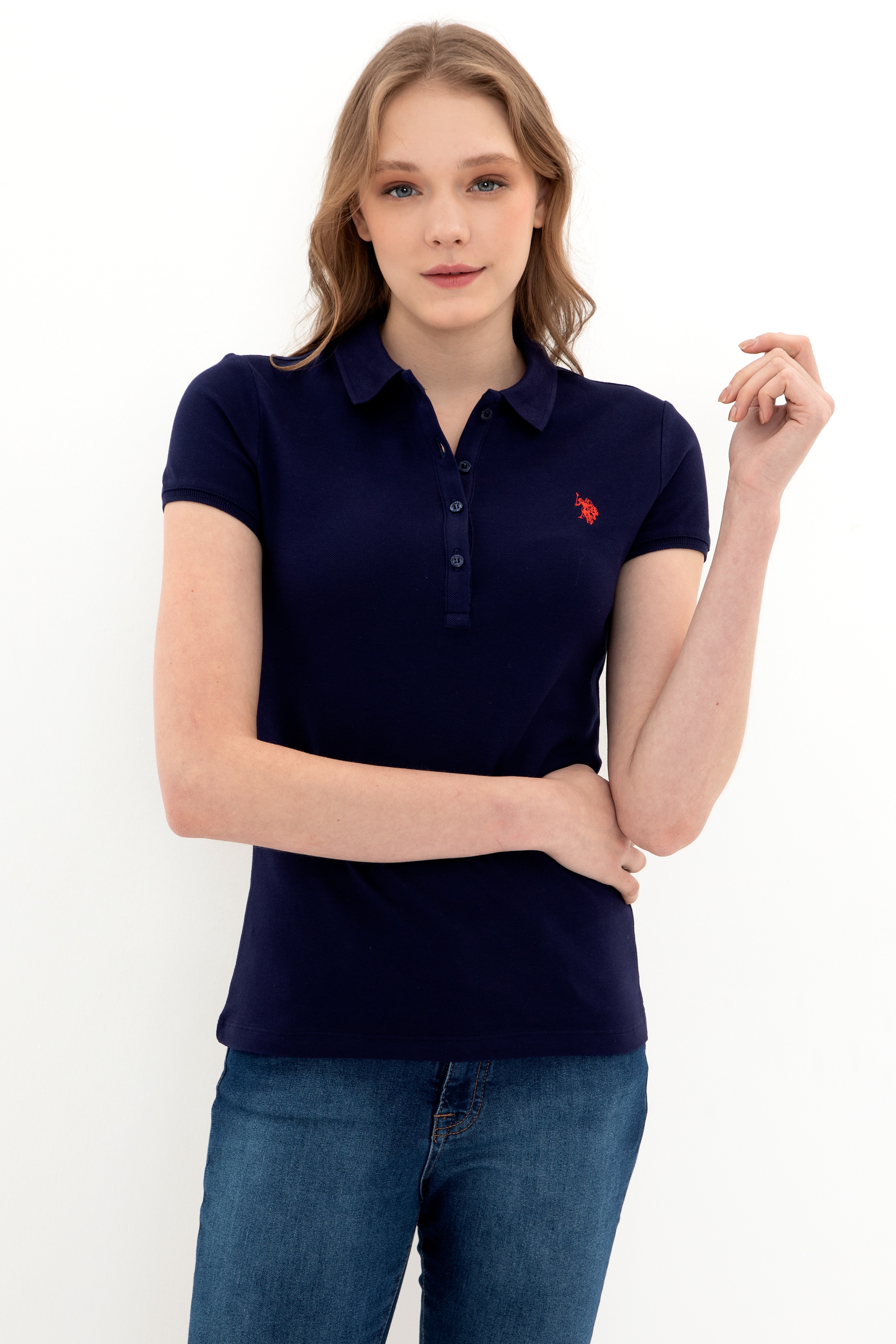 Kadın Lacivert Basic Polo Yaka Tişört - Image 1