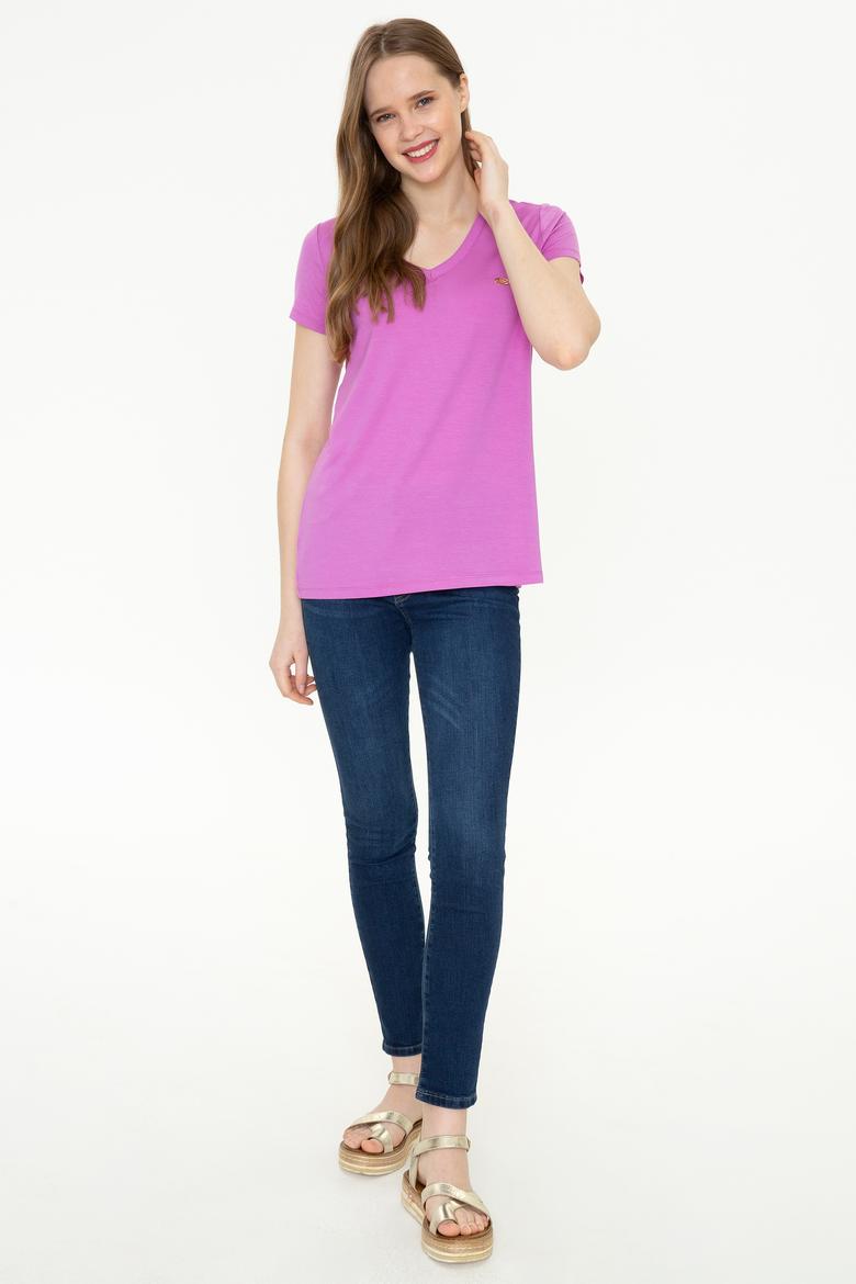 Kadın Menekşe V Yaka Basic Tişört - 50246033070