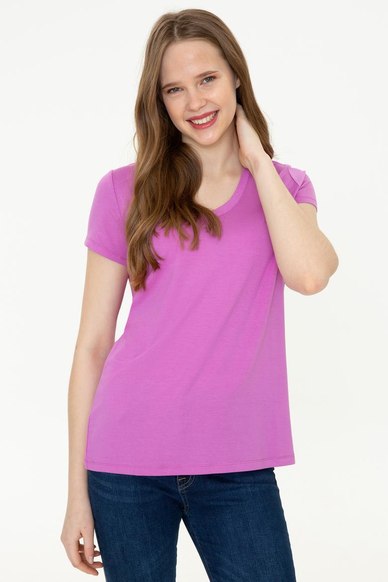 Kadın Menekşe V Yaka Basic Tişört - 50246033070