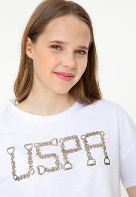 Kadın Beyaz Bisiklet Yaka Crop Tişört - 50249014015