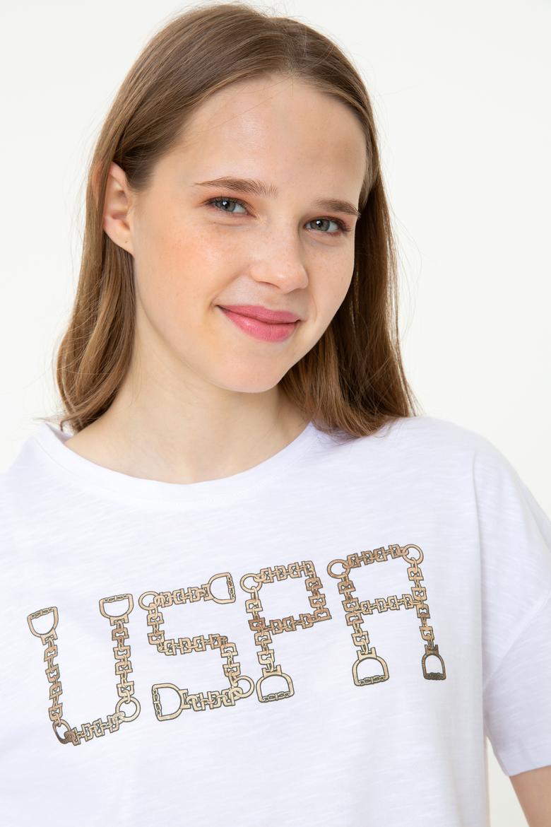 Kadın Beyaz Bisiklet Yaka Crop Tişört - 50249014015