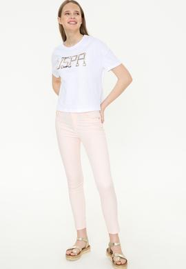 Kadın Beyaz Bisiklet Yaka Crop Tişört - 50249014015