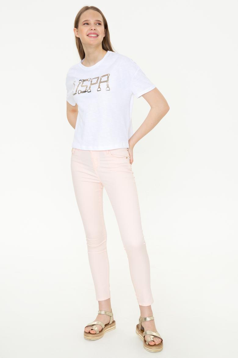 Kadın Beyaz Bisiklet Yaka Crop Tişört - 50249014015
