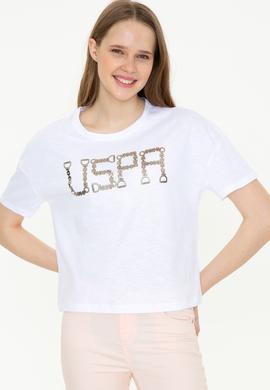 Kadın Beyaz Bisiklet Yaka Crop Tişört - 50249014015