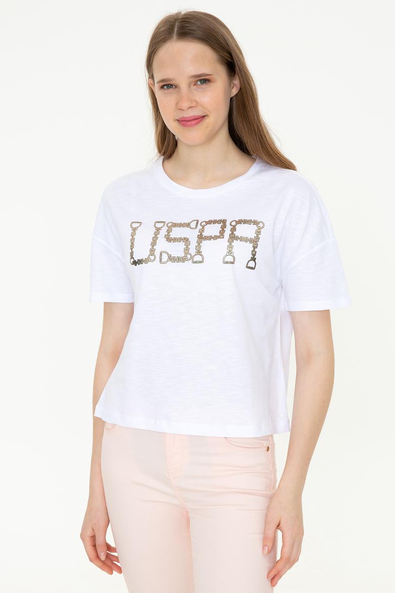 Kadın Beyaz Bisiklet Yaka Crop Tişört - 50249014015