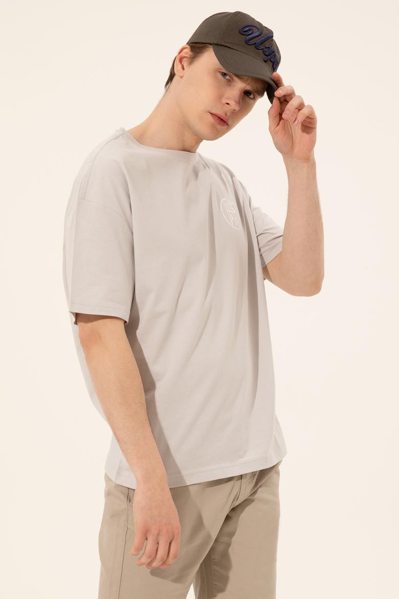 Erkek Gri Oversize Bisiklet Yaka Tişört - 50252089019