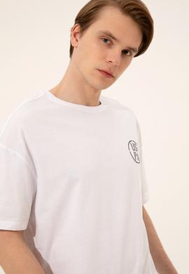 Erkek Beyaz Oversize Bisiklet Yaka Tişört - 50252089001