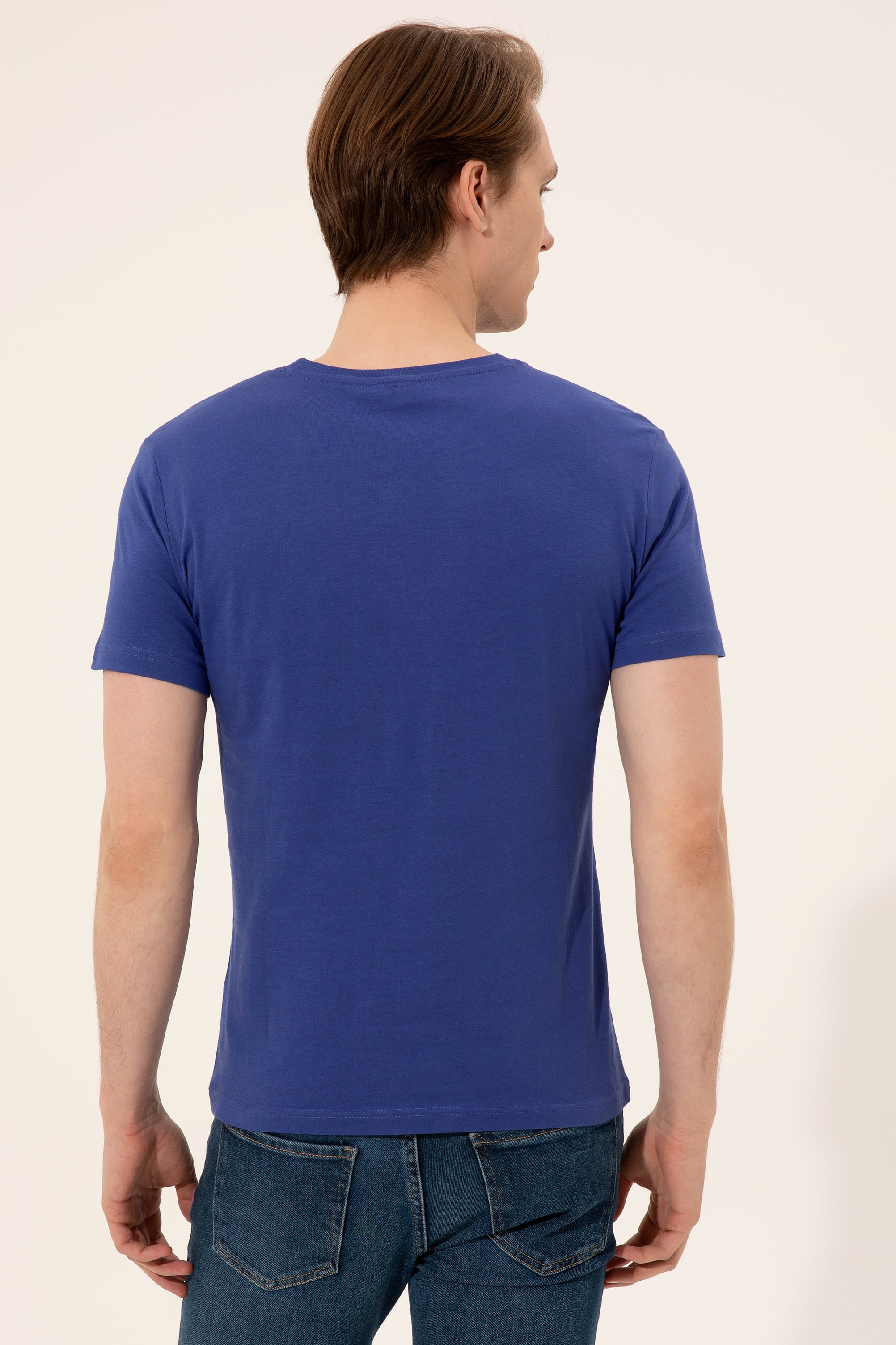 Erkek Mavi Bisiklet Yaka T-Shirt - Image 5