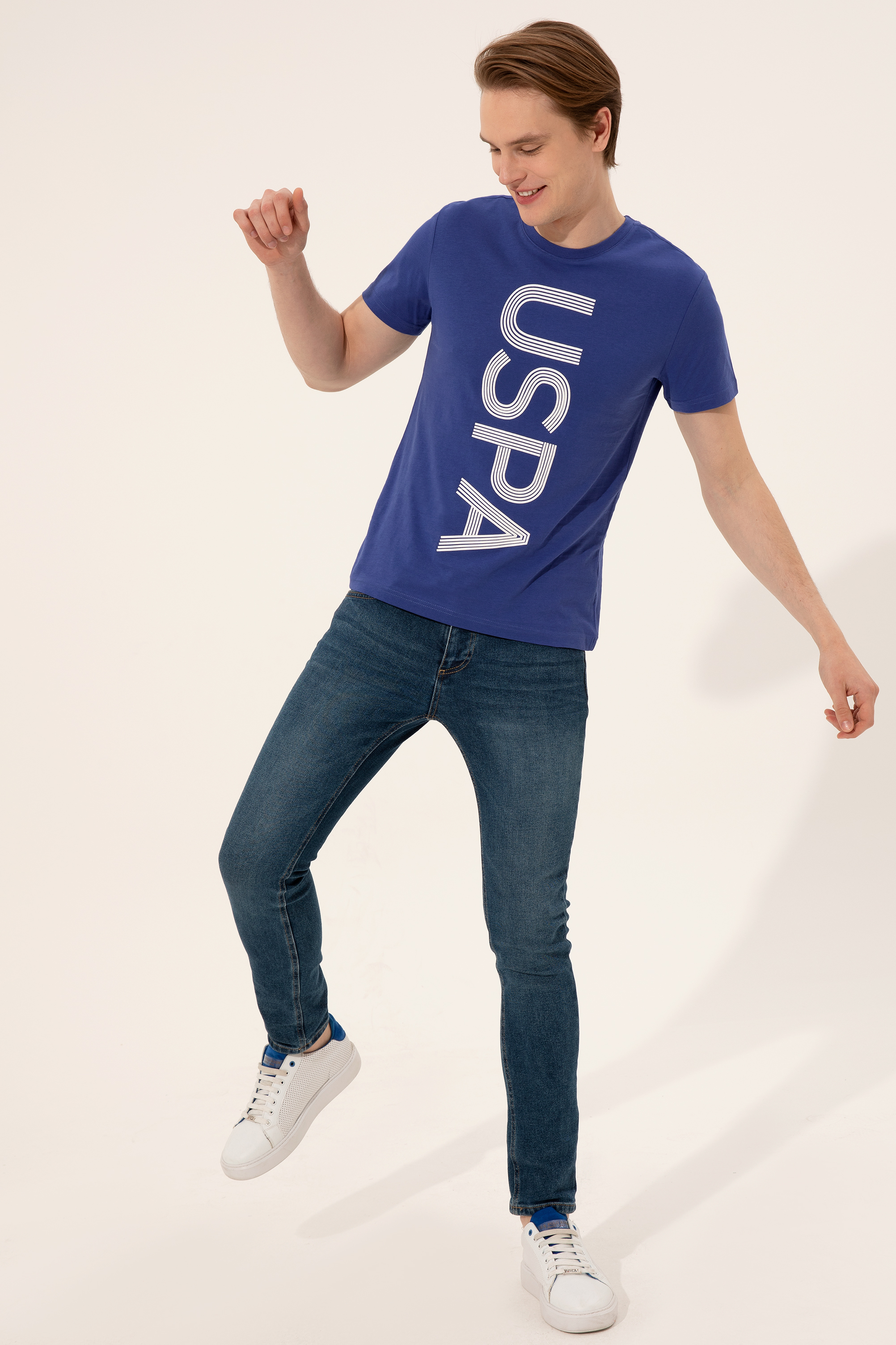 Erkek Mavi Bisiklet Yaka T-Shirt - Image 2