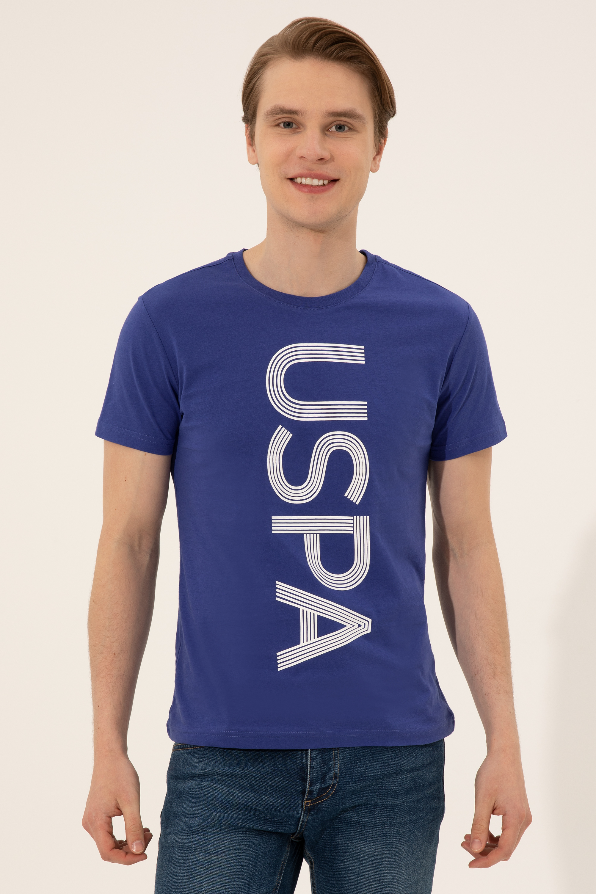 Erkek Mavi Bisiklet Yaka T-Shirt - Image 3