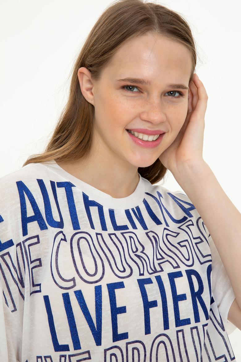 Kadın Mavi Bisiklet Yaka Tişört - 50248825010