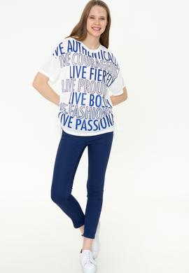 Kadın Mavi Bisiklet Yaka Tişört - 50248825010