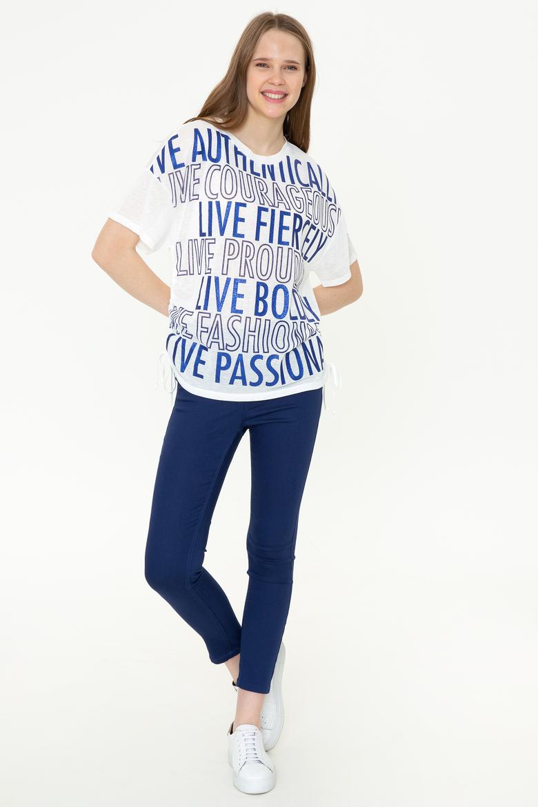 Kadın Mavi Bisiklet Yaka Tişört - 50248825010