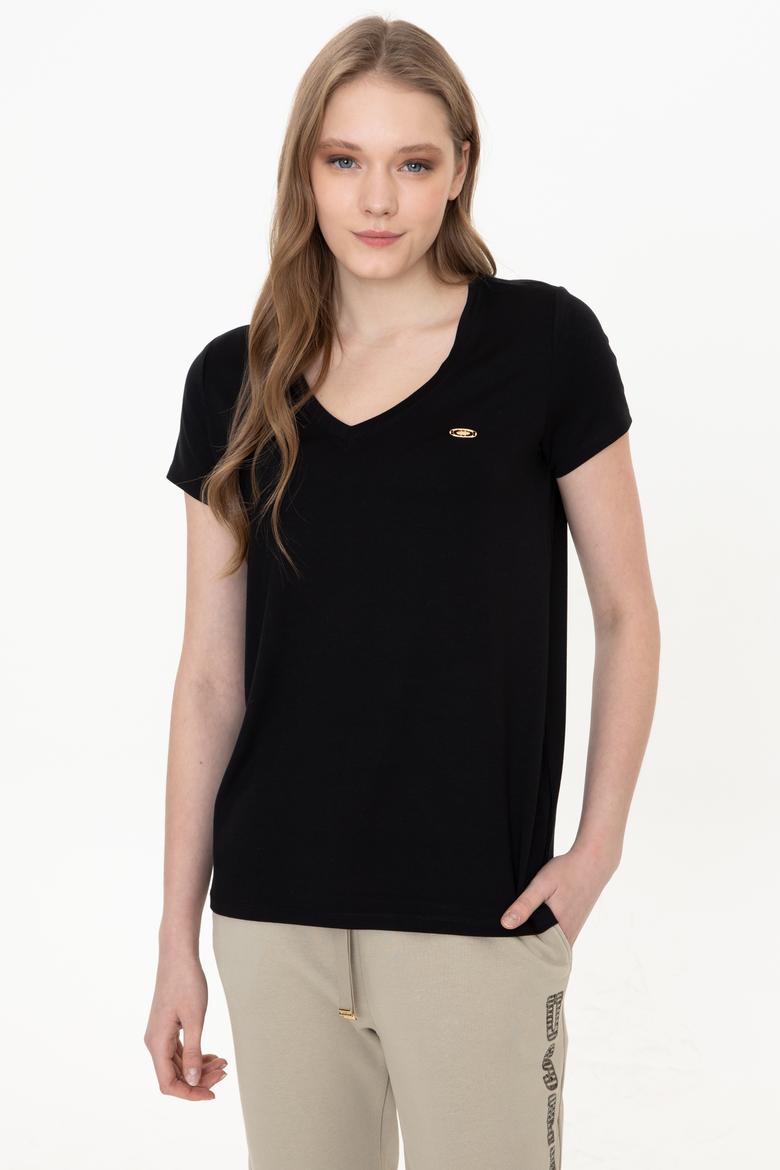 Kadın Siyah V Yaka Basic Tişört - 50246033005