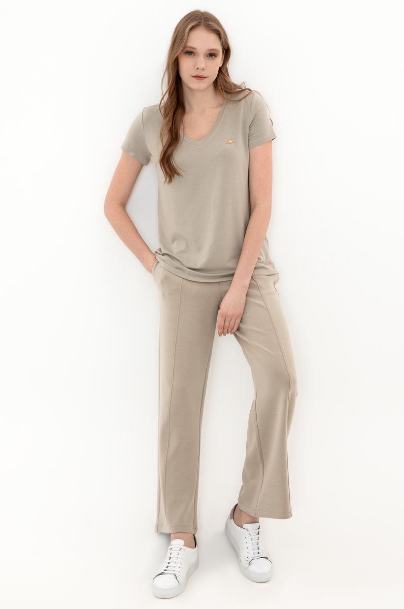 Kadın Haki V Yaka Basic Tişört