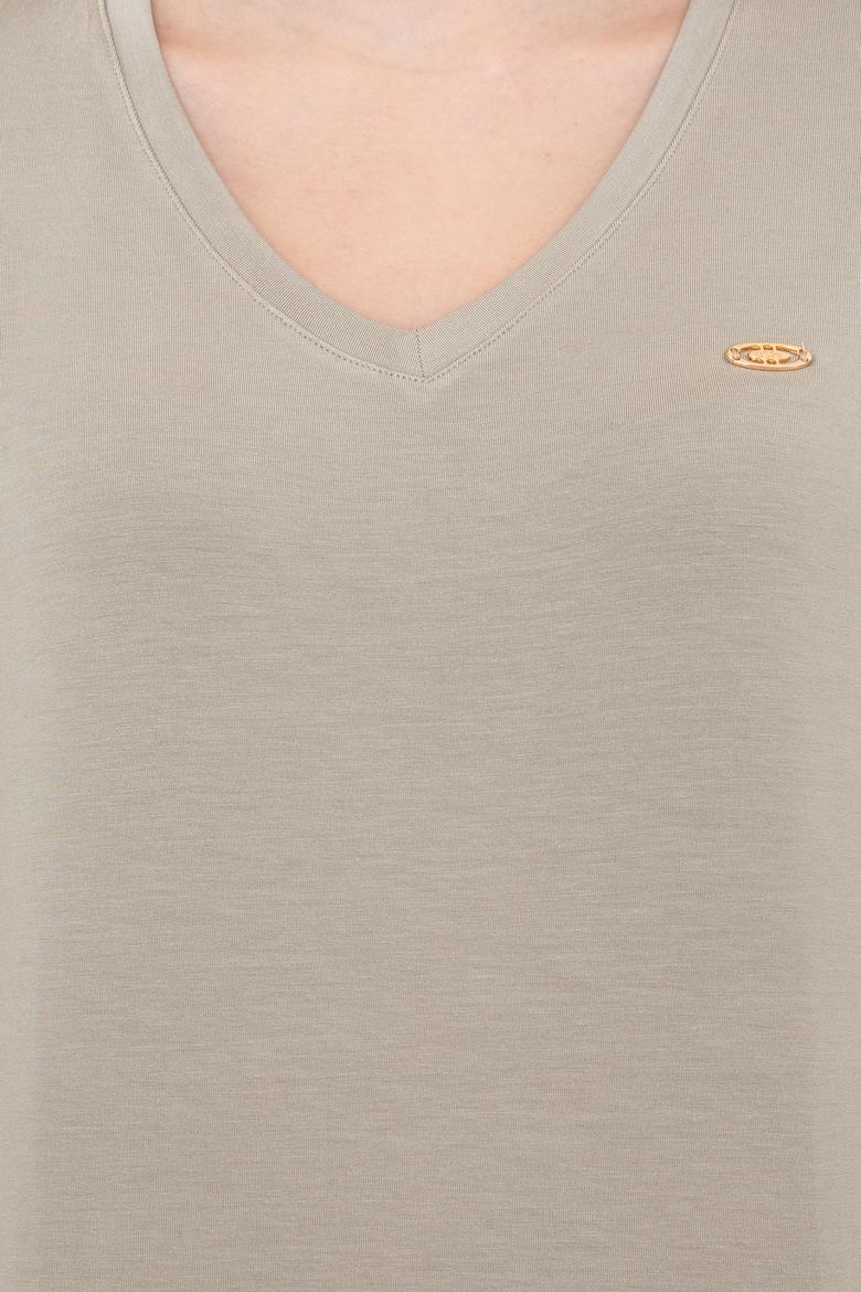 Kadın Haki V Yaka Basic Tişört - 50246033033