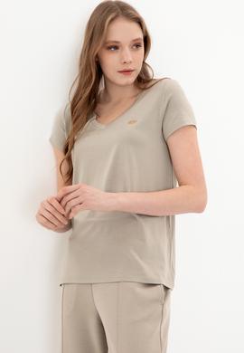 Kadın Haki V Yaka Basic Tişört - 50246033033