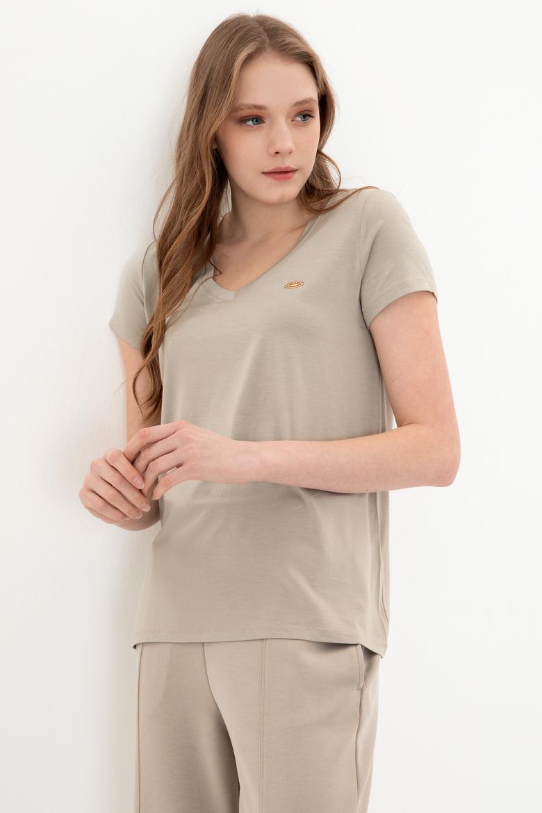 Kadın Haki V Yaka Basic Tişört - 50246033033