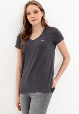 Kadın Antrasit V Yaka Basic Tişört - 50246033031