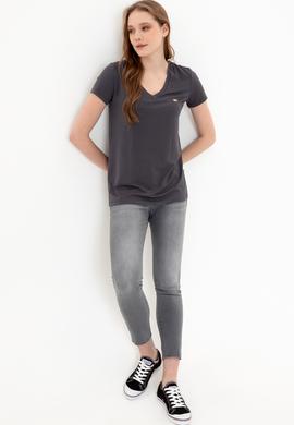 Kadın Antrasit V Yaka Basic Tişört - 50246033031