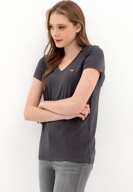 Kadın Antrasit V Yaka Basic Tişört - 50246033031