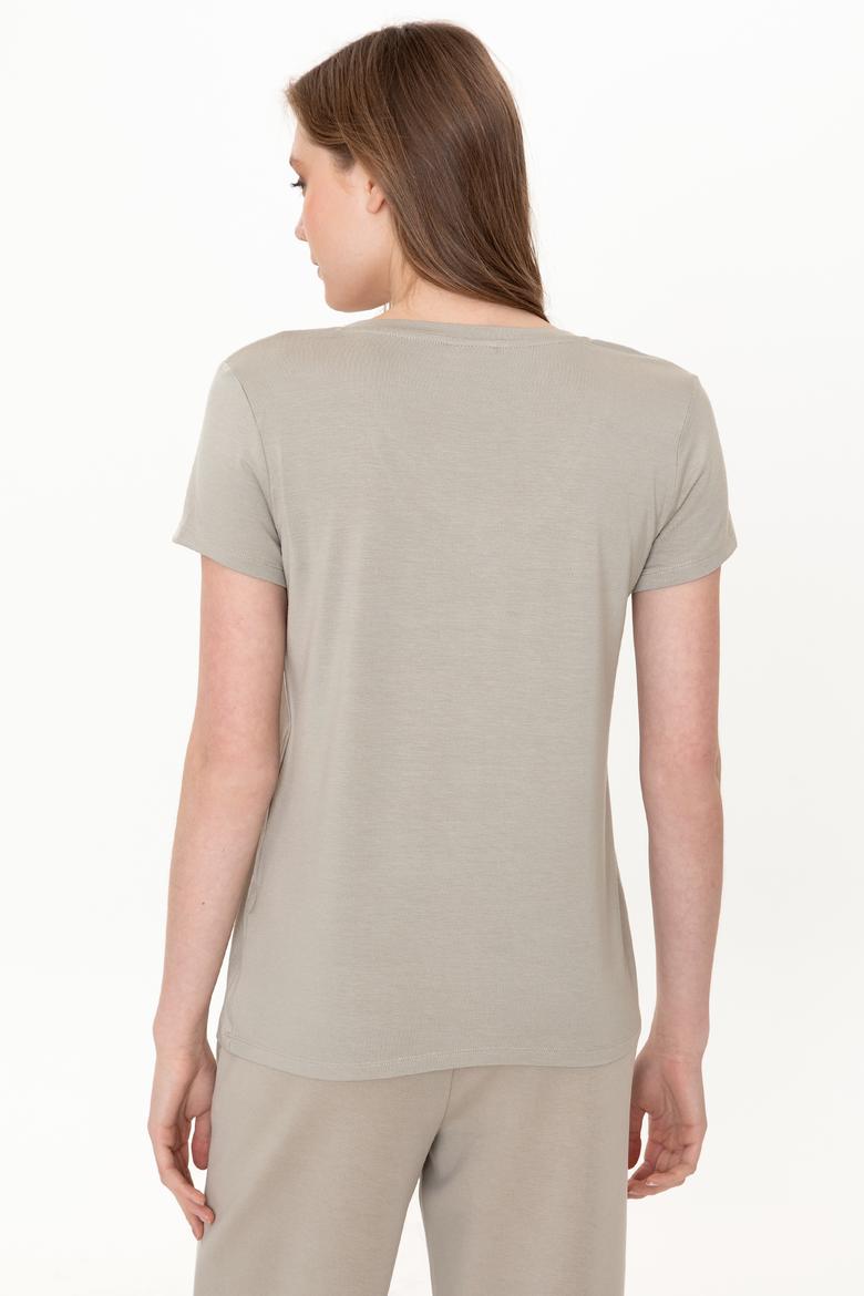 Kadın Haki V Yaka Basic Tişört - 50246033033