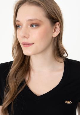 Kadın Siyah V Yaka Basic Tişört - 50246033005