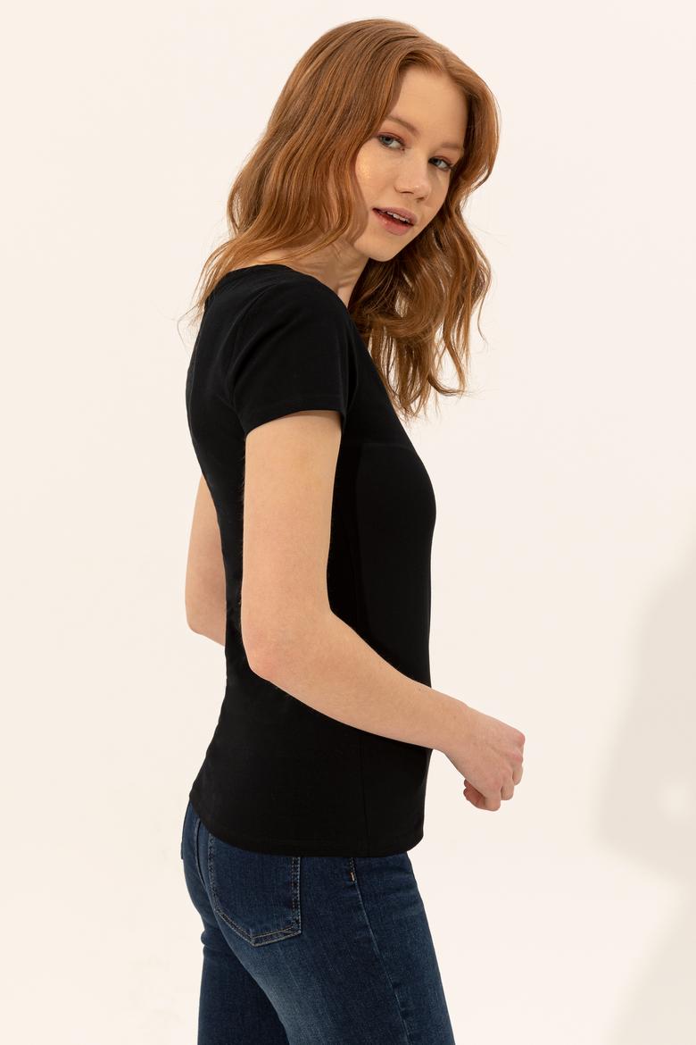 Kadın Siyah V Yaka Basic Tişört - 50246286021
