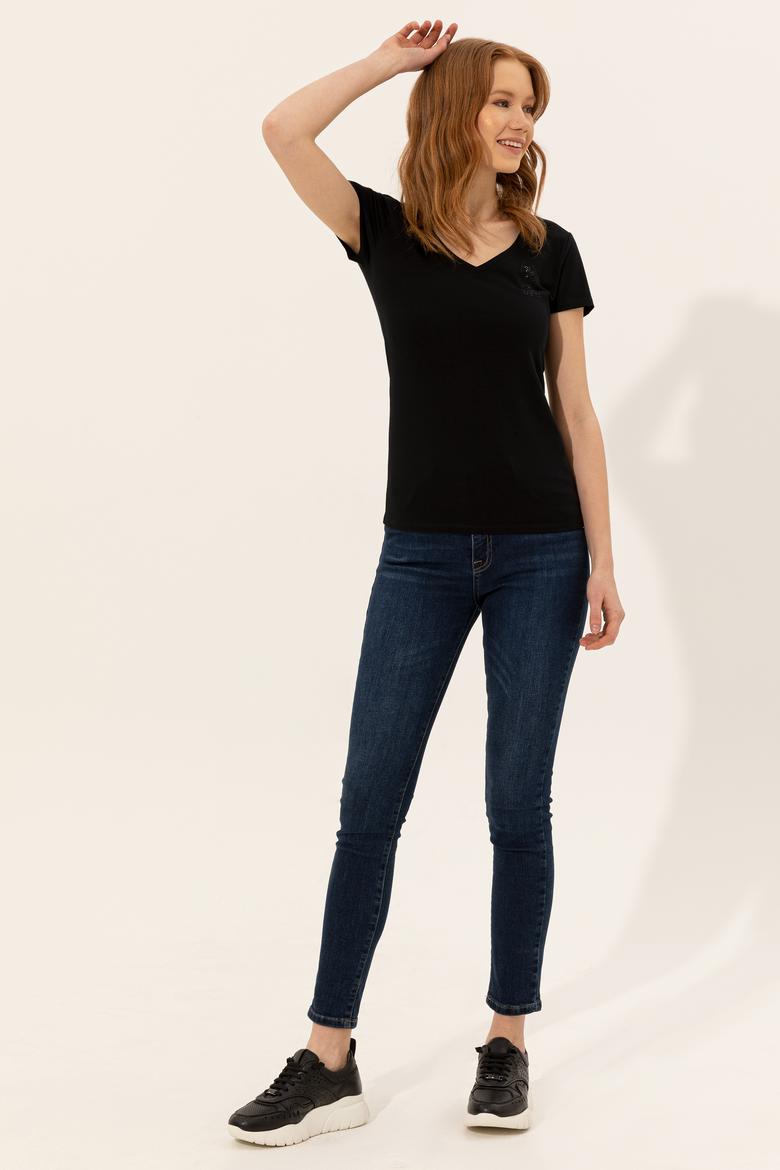 Kadın Siyah V Yaka Basic Tişört - 50246286021