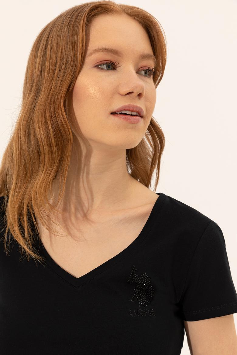 Kadın Siyah V Yaka Basic Tişört - 50246286021
